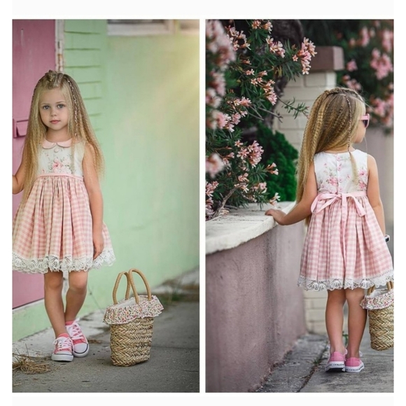 Dollcake Dress Maddy Pink White Plaid Roses Floral Full Skirt Girls 10 NWT - Picture 6 of 12